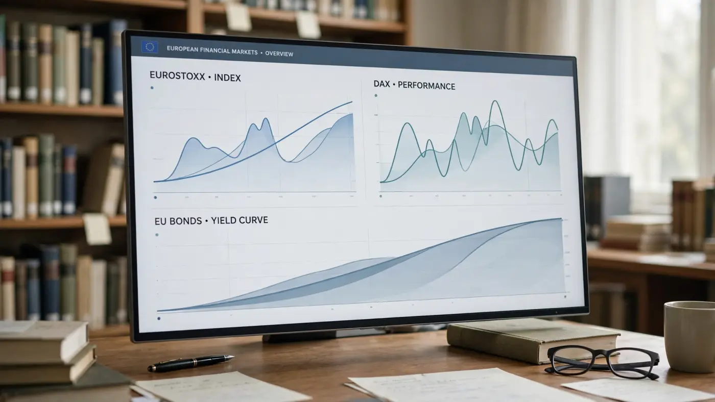 Gráficos de mercados financieros europeos en un monitor de gran formato